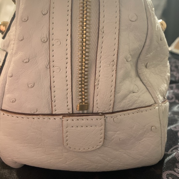 Gucci White Ostrich Leather Capri Bowler Handbag Signature Stripe Gold Hardware - Picture 7 of 16